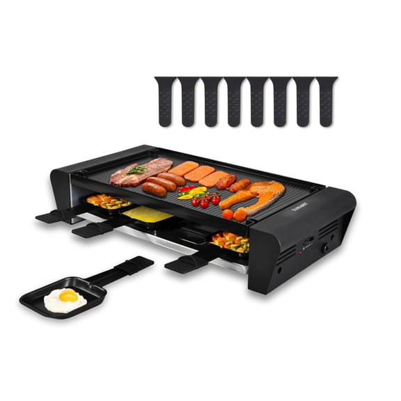 TAMARIT Raclette Table Grill for 8, 2 in 1 Small Swiss Style PFAS-No Nonstick Reversible Grill/Griddle Plate Adjustable Temperature Control 1300 W, 8 Raclette Cheese Pans Black