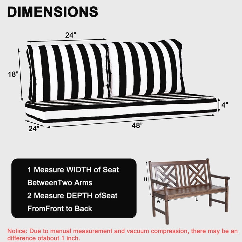 Outdoor Loveseat Cushions Set 48" x 24" Water Repellent & Fadeness Patio Furniture Cushions with Removable Cover and Ties, Patio Love Seat Sofa Cushions for Porch Garden Chair （Black white stripes）