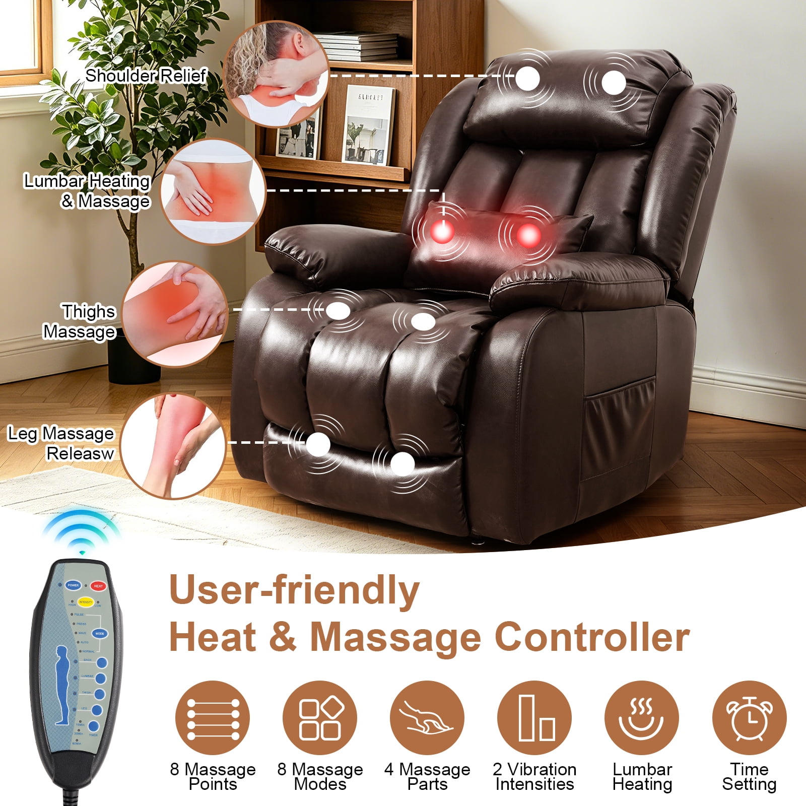 TEKAMON Power Lift Chair Recliner for Elderly with Heat and Massage, Lay Flat Sleeping Recliner Dual Motor Infinite Position Leather Lift Chair for Living Room (Brown)