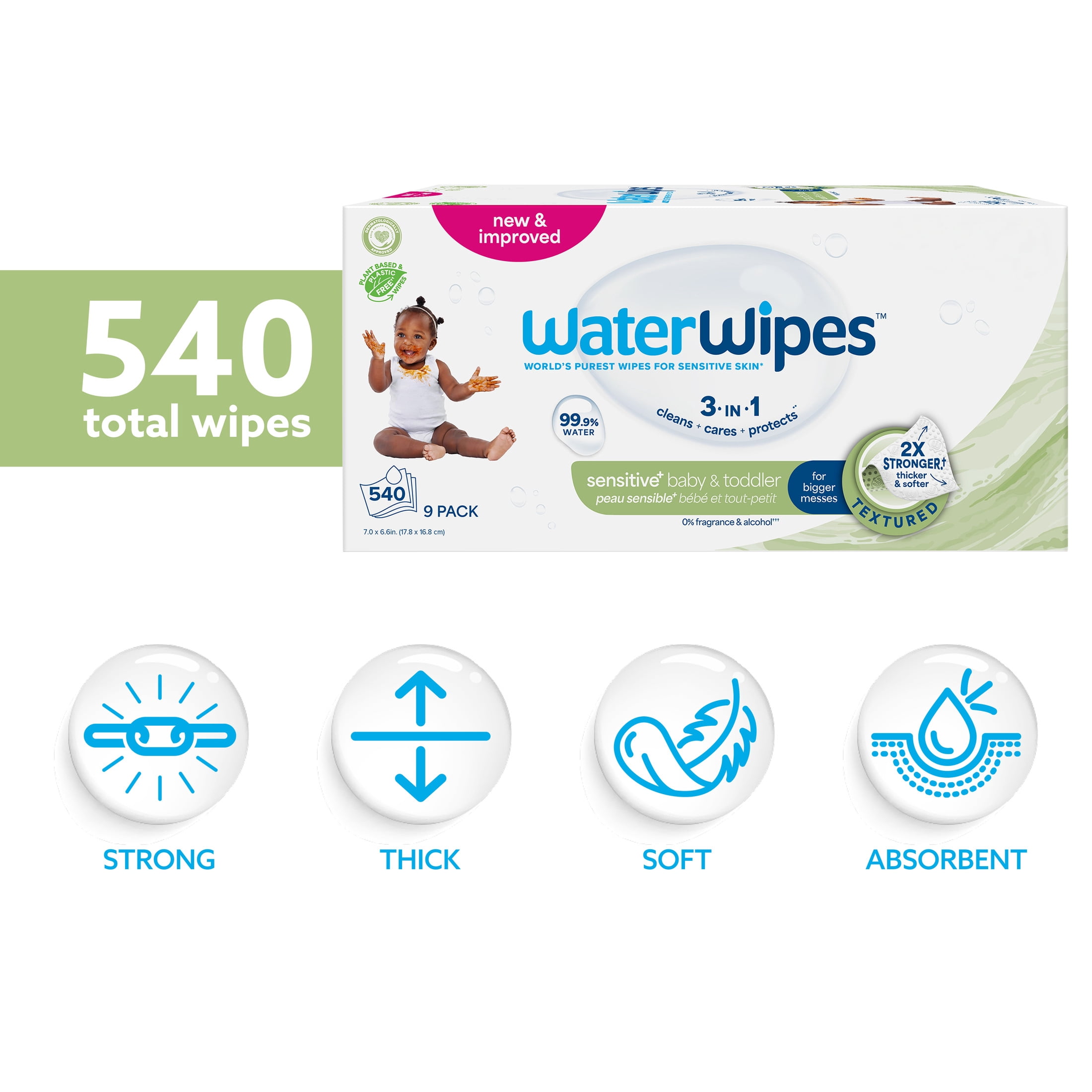 WaterWipes Sensitive Baby & Toddler Wipes, 99.9% Water, Textured Clean, Unscented & Hypoallergenic, 9 Packs (540 Wipes)