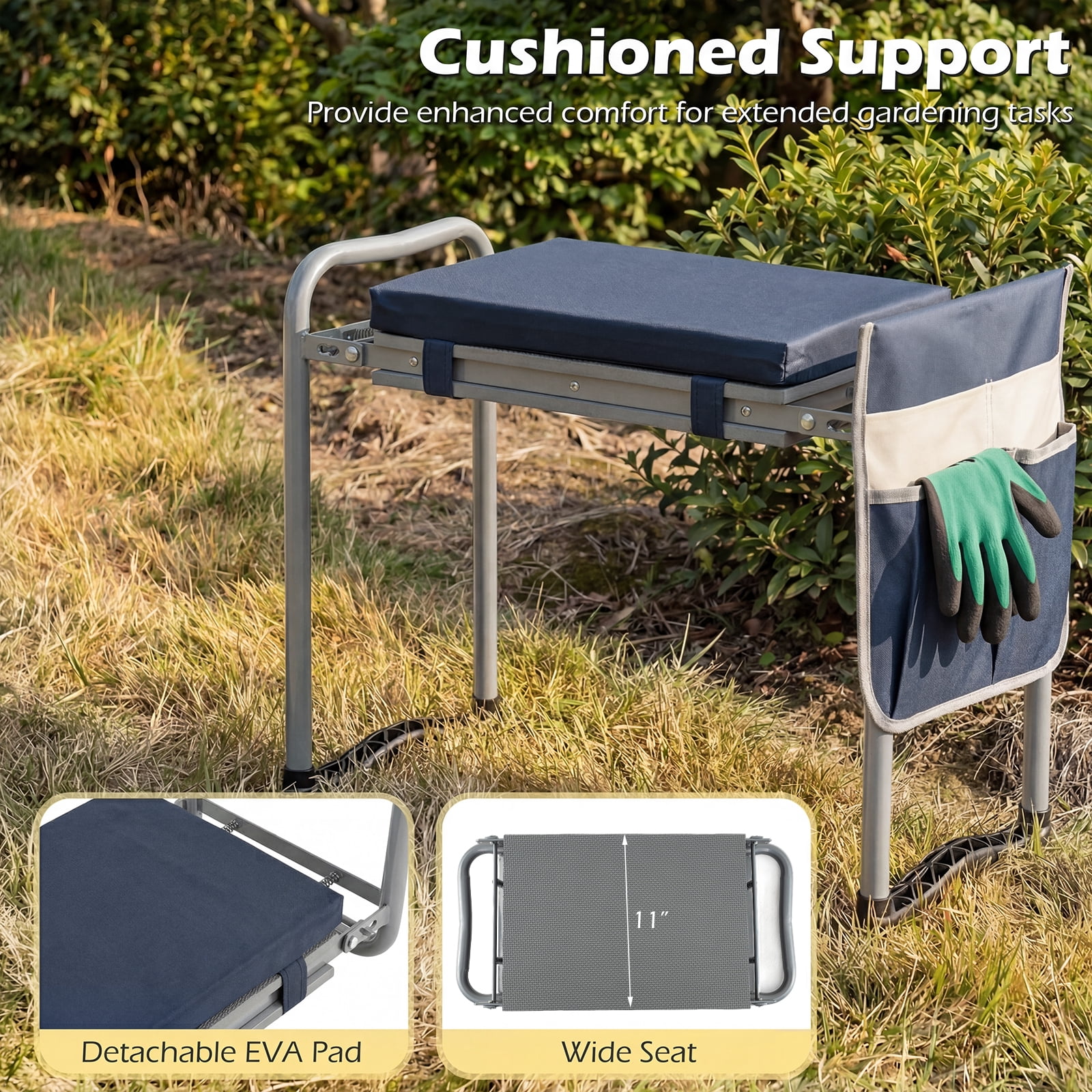 Costway Foldable Garden Kneeler and Seat, 2-in-1 Gardening Bench, Detachable EVA Foam Pad Navy Blue