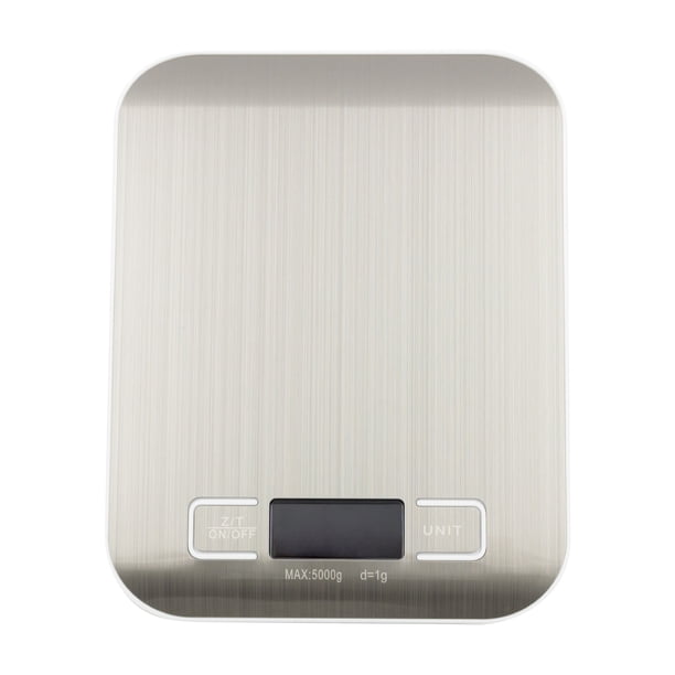 Bascula Digital multifuncional de Acero Inoxidable Ideal Para Cocina Y Joyería Capacidad 1g a 5kg, pantalla LCD y baterías AA incluidas. Color Plateado