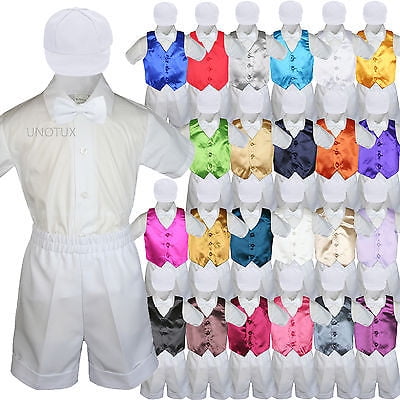 Baby Boys Toddler Formal Vest Shorts Suit Satin Vest Bow Tie 5pc White Set S-4T 