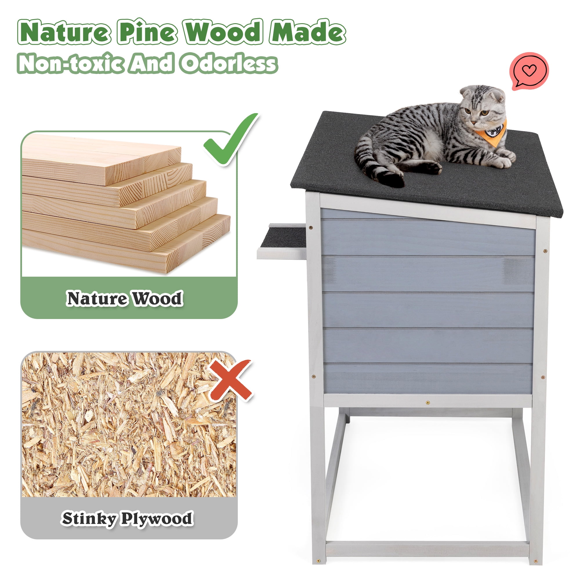 Outdoor Cat House, Wood Cat Enclosure with Elevated Leg Frame, Openable Roof, Curtained Door, Escape Door, Weatherproof Pet Condo for Feral Cats, Gray