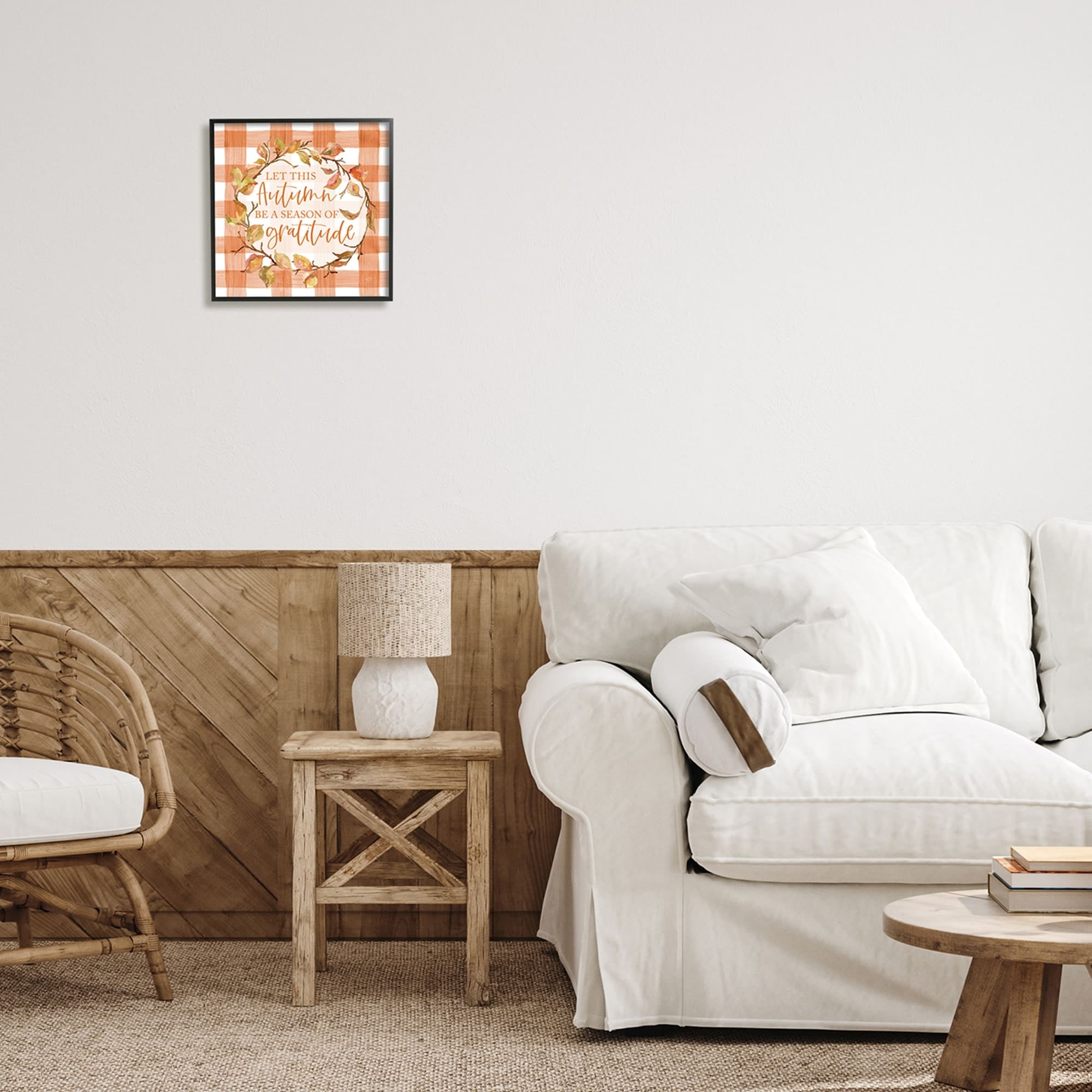 Season Of Gratitude Autumnal Country Plaid Leaf Border Botanical & Floral Graphic Art Framed Art Print Wall Art