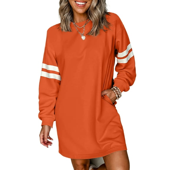 Orange Varsity Contrast Banded Sleeve Shift Sweatshirt Dress for Women | [ZhiHiMeRi] | L