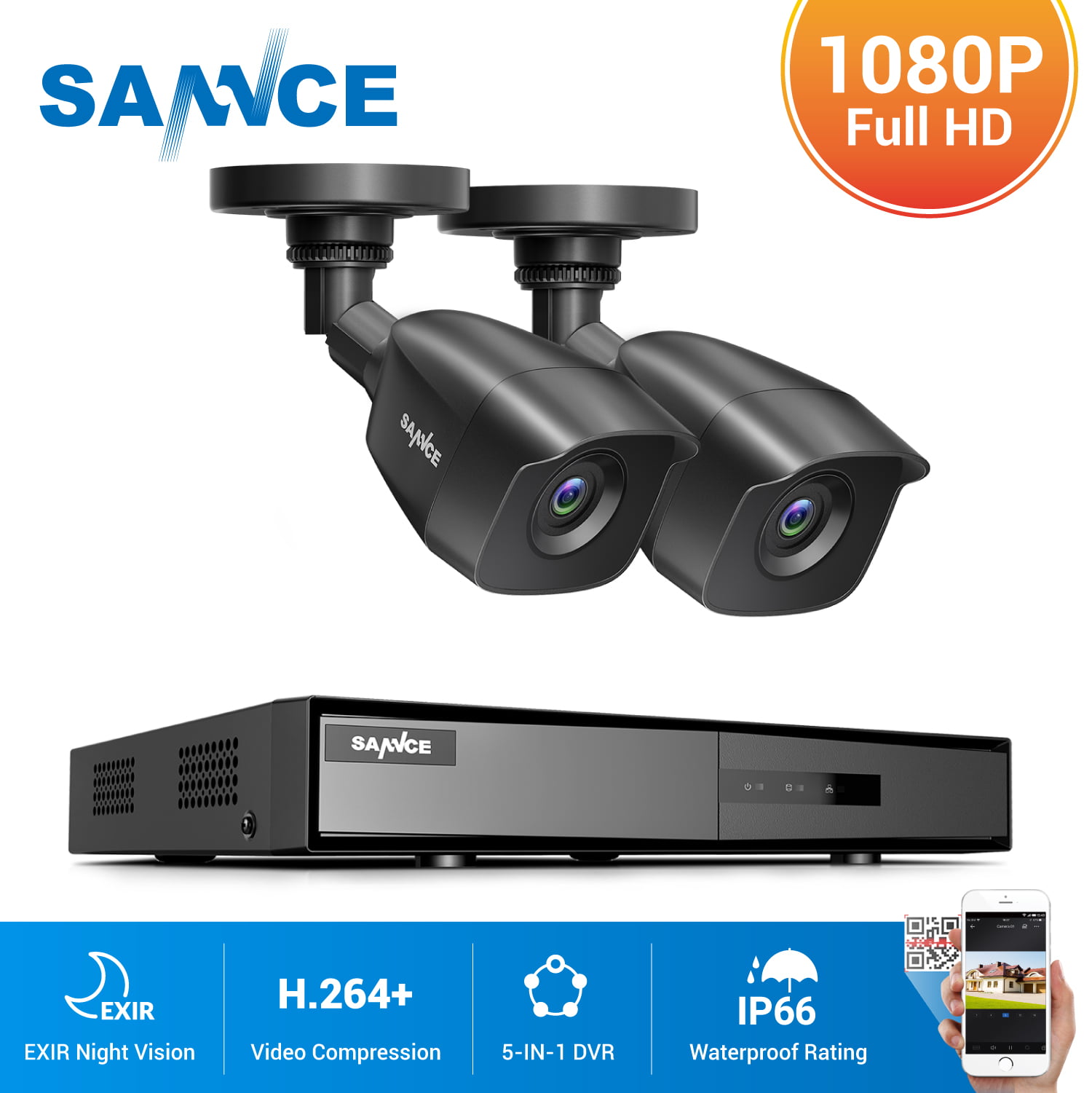 DVR 100ft Night Vision IP66 Hikvision SANNCE 1080P CCTV Camera System 4CH 5-IN-1 H.264 