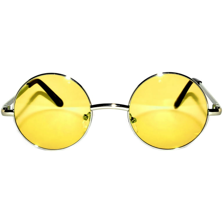Round Sunglasses Small 43mm Silver Frame Yellow Lens