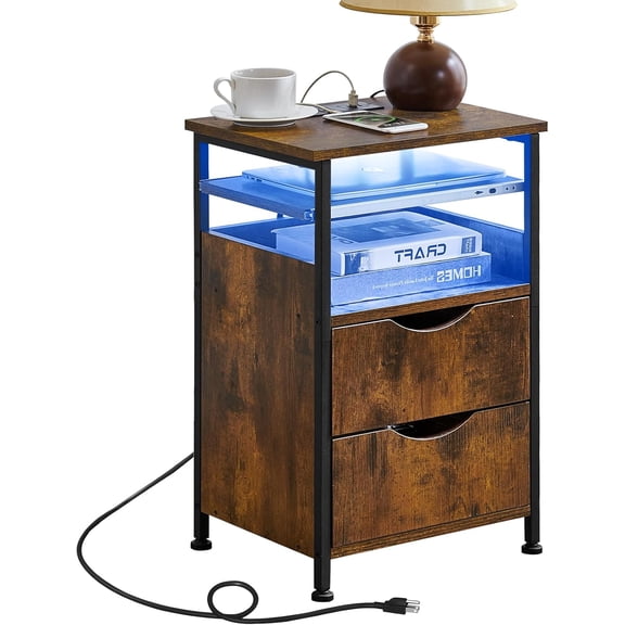 End Table with Charging Station, Narrow Side Table with 2 Drawers, Nightstand with 7 Color LED Light, Slim Bedside Table for Bedroom, Living Room, Small Spaces, Brown