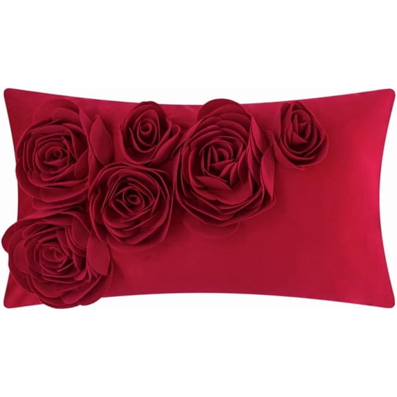 JWH Previum 3D Red Velvet Rose Flower Throw Pillow Covers for Modern Home Living Room and Gift Room Decor Gift 12x20inch Red