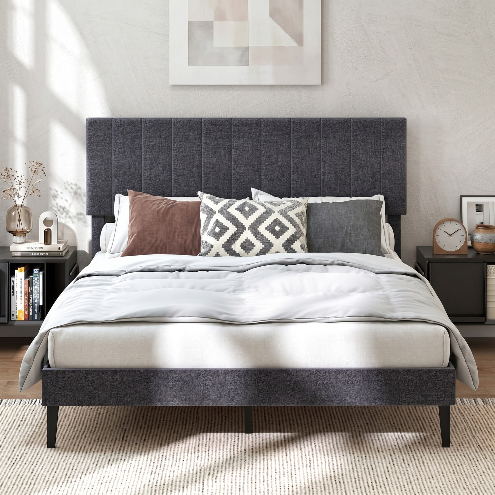 Furnibear Queen Bed Frame, Upholstered Platform Bed Frame with Adjustable Channel Headboard, Queen Bed Frame with Headboard, Modern Gray
