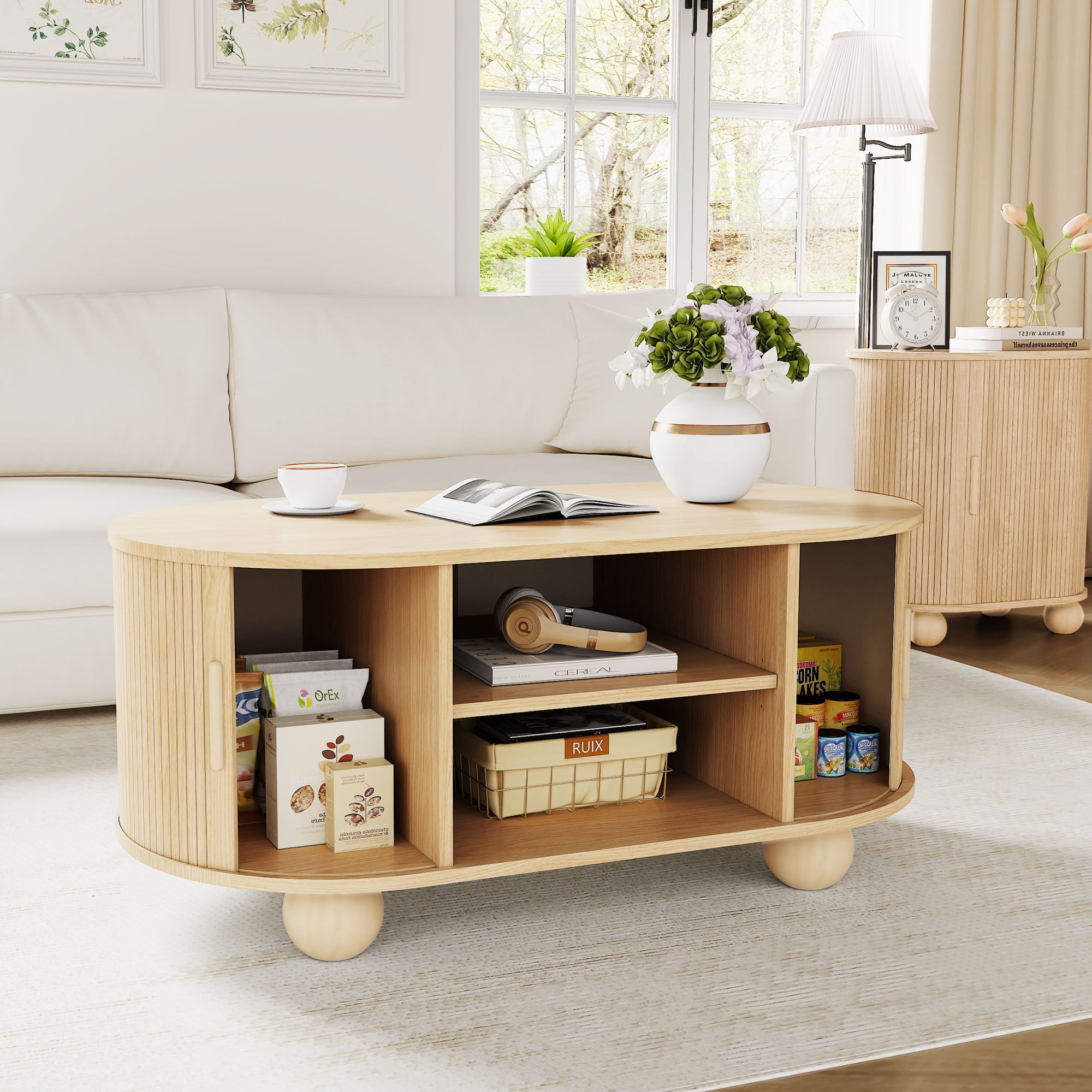Wirrytor Oval Coffee Table with Sliding Door and Storage, Mid Century Modern Wood Center Table, 2-Tier Tea Cocktail Table for Living Room, Farmhouse Style Furniture with Hidden Compartment