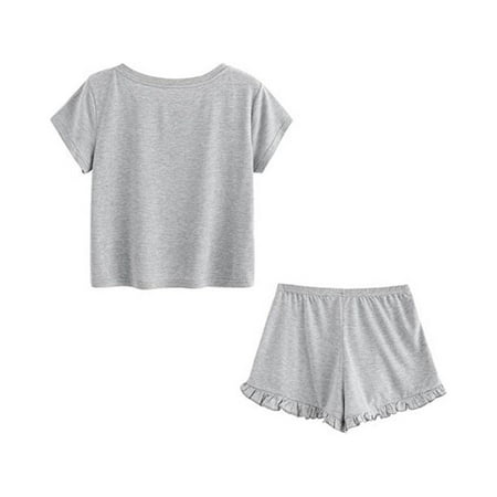 

Simu Silk Pajamas for Women Women s Casual Cat Shorts Short Sleeve Ruffled T-Shirt Sleepwear Nightwear Set