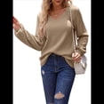 thumbnail image 1 of Blusa de Larga con Cuello en V para Mujer, Estilo Farol, Elegante, Informal, de Punto Acanalado, Corte Holgado, Otoño 2025 Caqui L, 1 of 8