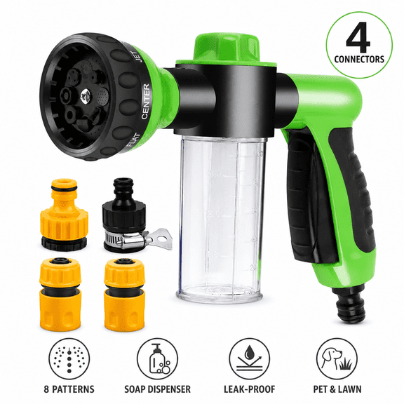 Garden Hose Foam Sprayer with Soap Dispenser & 4 Connectors for Pet Shower Lawn Yard