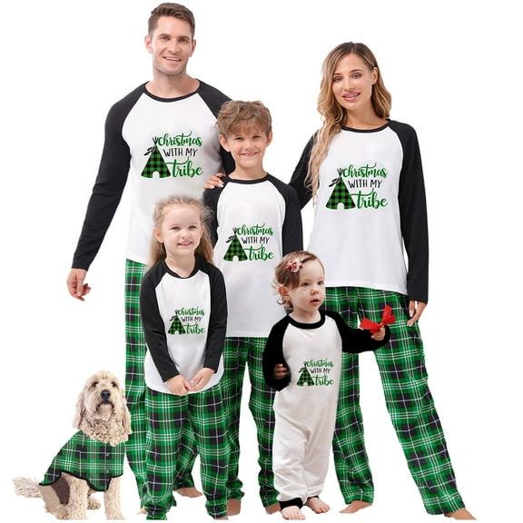 Elippeo Family Matching Christmas Pajamas, Letter Print Long-Sleeved Tops Plaid Trousers Sleepwear Outfits