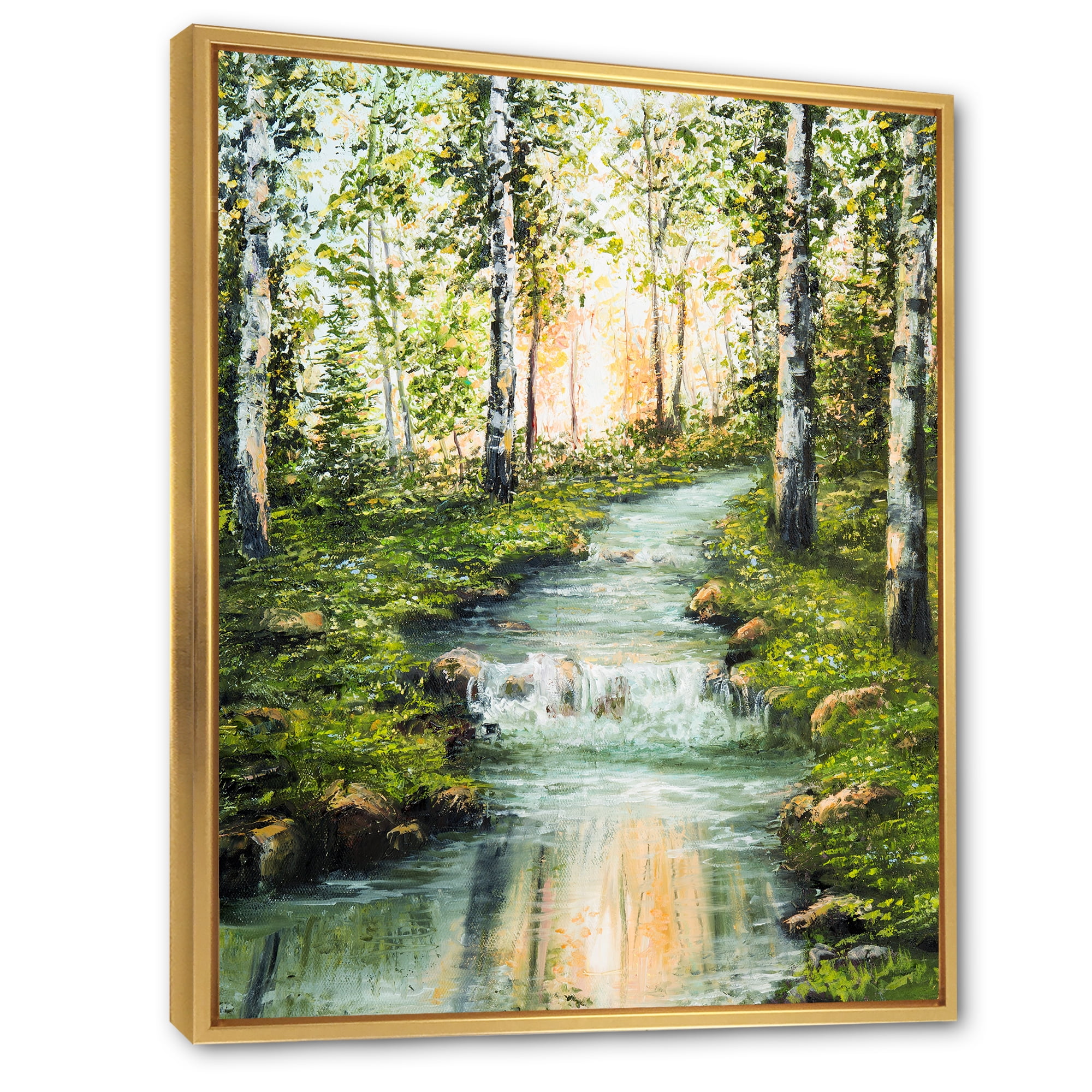 Designart 'River Through Green Birch Forest' Lake House Framed Canvas Wall Art Print