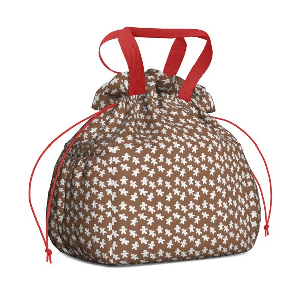 Brown Christmas Gingerbread Pattern Drawstring Lunch Bag Women - Drawstring Lunch Bag Insulated for Work Office - Stain-Resistant Large Lunchbags for Women with Multi-Pockets