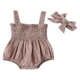 thumbnail image 1 of Infant Baby Girls Summer Elastic Jumpsuit Outfit Solid Color Ruched Casual Sleeveless Suspender Rompers Apricot 3-6 Months, 1 of 7