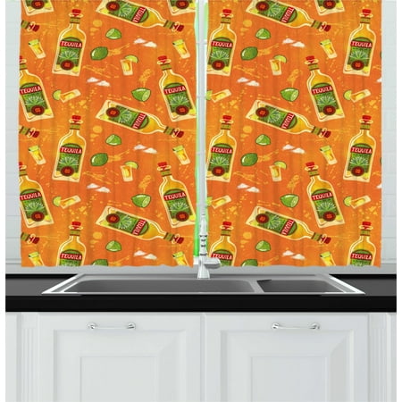 Tequila Curtains 2 Panels Set, Pattern of Alcoholic Drink Bottles Shot Glasses and Limes, Window Drapes for Living Room Bedroom, 55