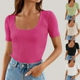 thumbnail image 5 of Square Neck Short Sleeve Tops for Women Ribbed Knit Pullover Casual Slim Fitted T Shirts Cute Summer Dressy Tees (XL, Black), 5 of 5