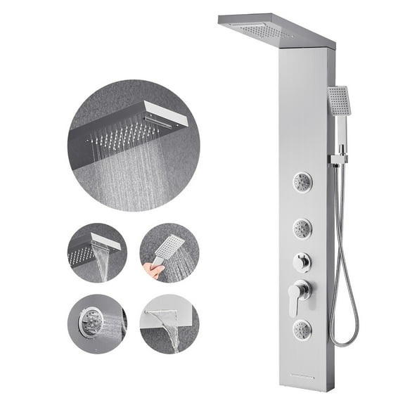KFFKFF 53-Inch Brushed Stainless Steel Shower Panel System with Rainfall and Waterfall Shower Heads, Wall-Mounted Design, 5-Function Faucet, Body Jets, Handheld Shower, and Tub Spout