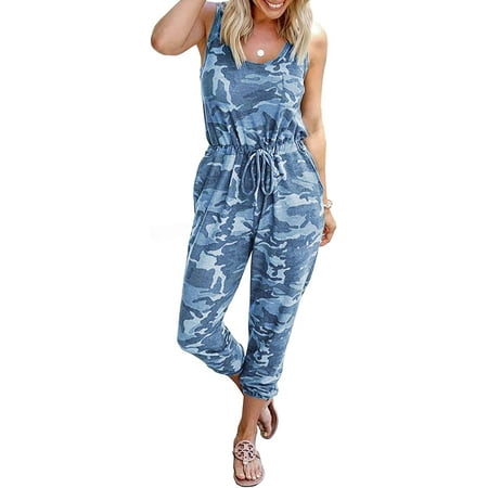 

ZSYQWZN Women s Summer Jumpsuits Casual Sleeveless Jumpsuit Drawstring Elasitic Waist Romper Pajama