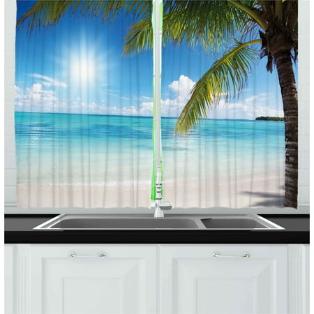 Mother Of Pearl Panels Summer Curtains 2 Panels Set, Tropical Paradise Beach with Coconut Palms Crystal Ocean Clear Sky, Window Drapes for Living Room Bedroom, 55W X 39L Inches, Sky Blue Fern Green Pearl, by Ambesonne ()