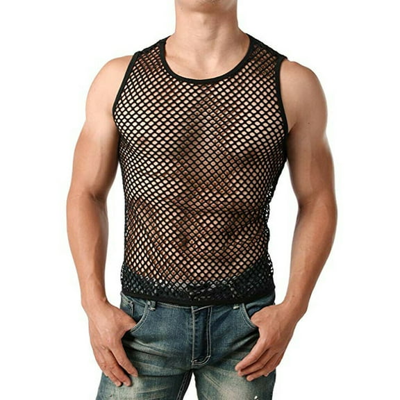 Men Mesh Sheer T-shirt Gym Training Tank Top Fish Net Sporting Top