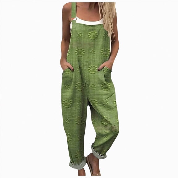 KPOPLK Women's Casual Wide Leg Overalls Loose Fit Jumpsuits Solid Color Adjustable Strap Bib Romper Fall Clothes Green XL