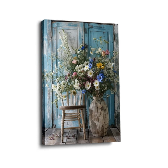 “Wildflower Bouquet with Distressed Door” Rustic Canvas Wall Art Ready to Hang for Living Room and Bedroom
