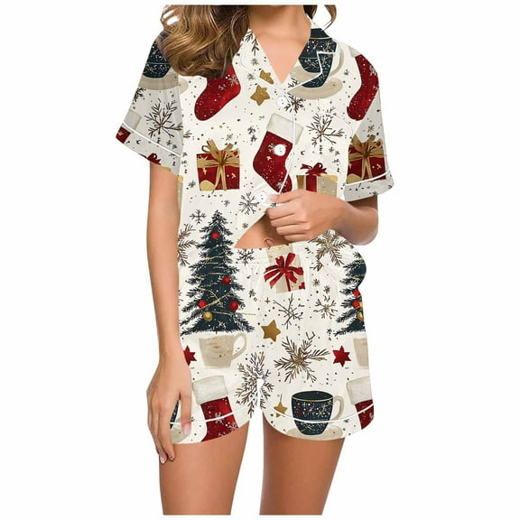 asdoklhq Plus Size Pajamas for Women Set Women Christmas Printed Stand Up Collar Pocket Short Sleeved Top Shorts Home Wear Pajama Set Yellow XL