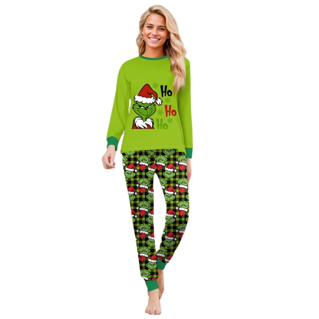 Moonsky-Red/Green Christmas Family Pajamas Matching Set Christmas Print Long Sleeve Tops and Green Plaid Pants Loungewear Soft Sleepwear#Women S
