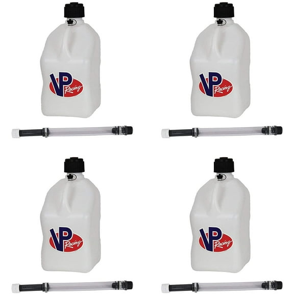 VP Racing 3522-CA 5.5-Gallon Square Motorsport Jug, White (4 Pack) w/14 Inch Deluxe Filter Hose (4 Pack) Close -Trimmed Cap and Neck for Tight Seal