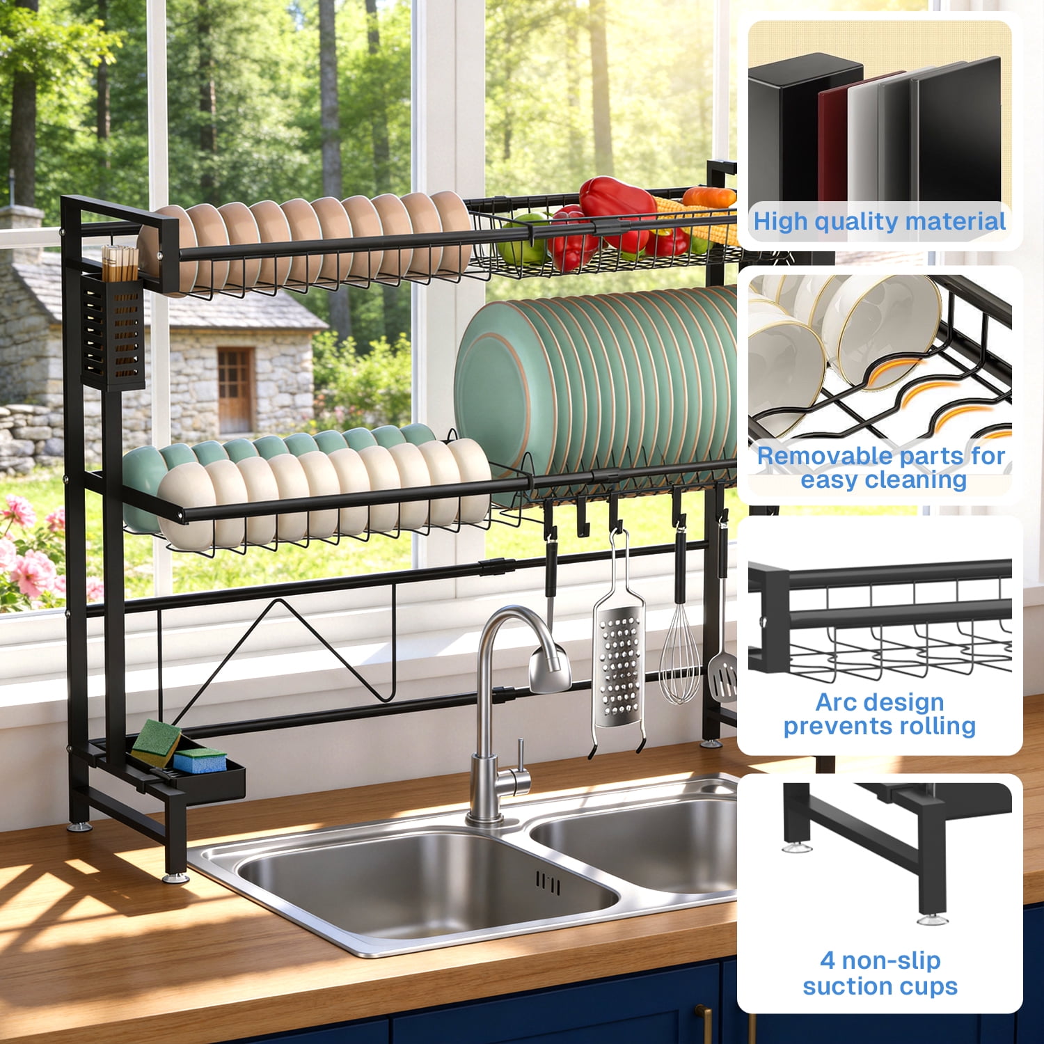 Behome Over The Sink Dish Drying Rack, 24.4-39.37"L x 11"W x 28.74"H (Expandable Length) 2 Tier Adjustable Stainless Steel Large Kitchen Dish Rack with Suction Cup, Snap-On Design, Black