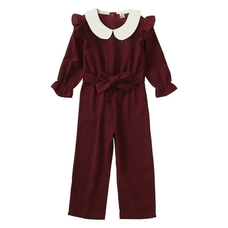 

3T Baby Girls Clothes Baby Girls One Piece Jumpsuit 3-4T Girls Ruffle Long Sleeve Lapel Overall Pants Red