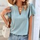 thumbnail image 2 of Blusa de manga con volantes huecos Escote en V Blusa de manga corta de color liso Top para mujer Lady Girl, 2 of 6