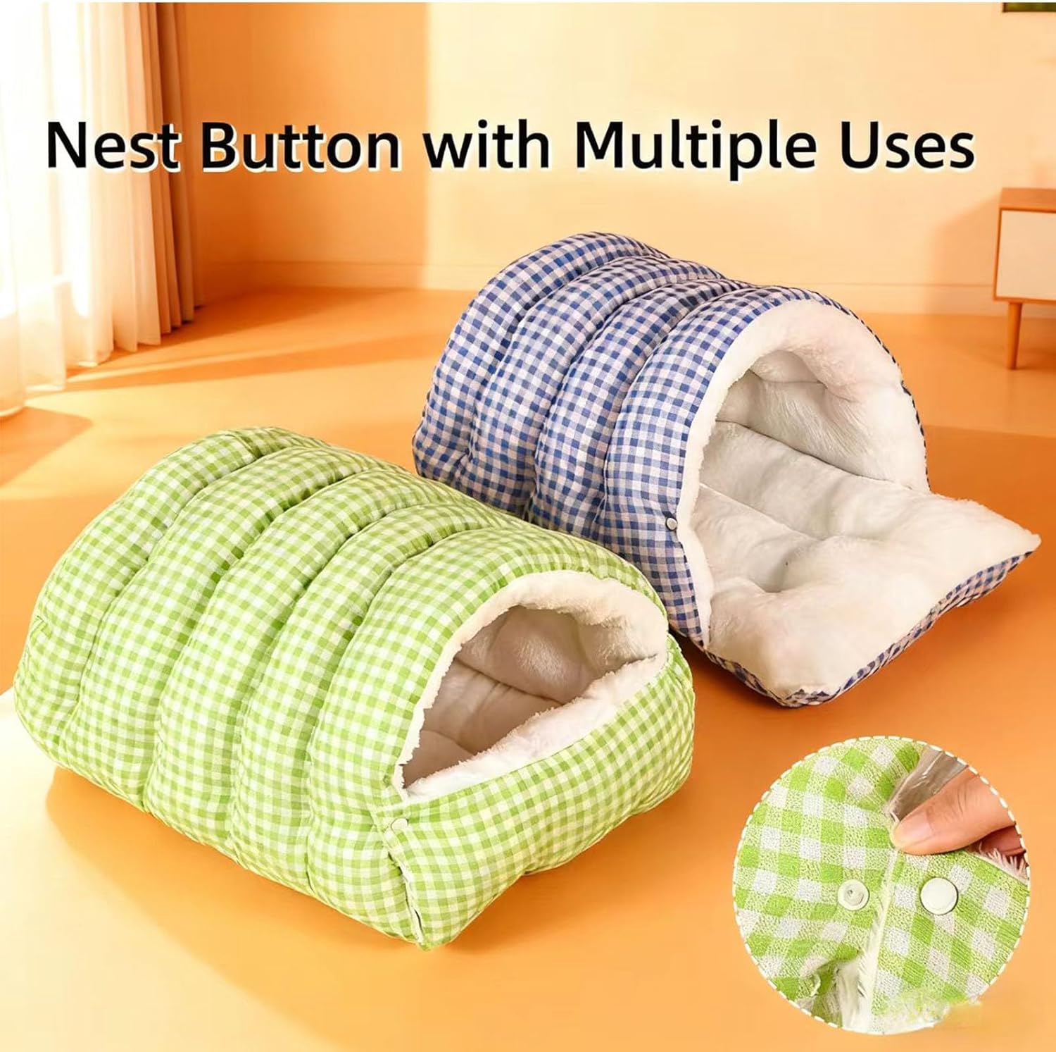 Cozy Monster Cat Bed Small Dog Cave & Indoor Cats Cave Removable and Washable Winter Closed-Off Cat Beds Tent with Cushion Hooded Dog Bed Pet House for Kittens & Dogs All-Season Use (L-Check Green)