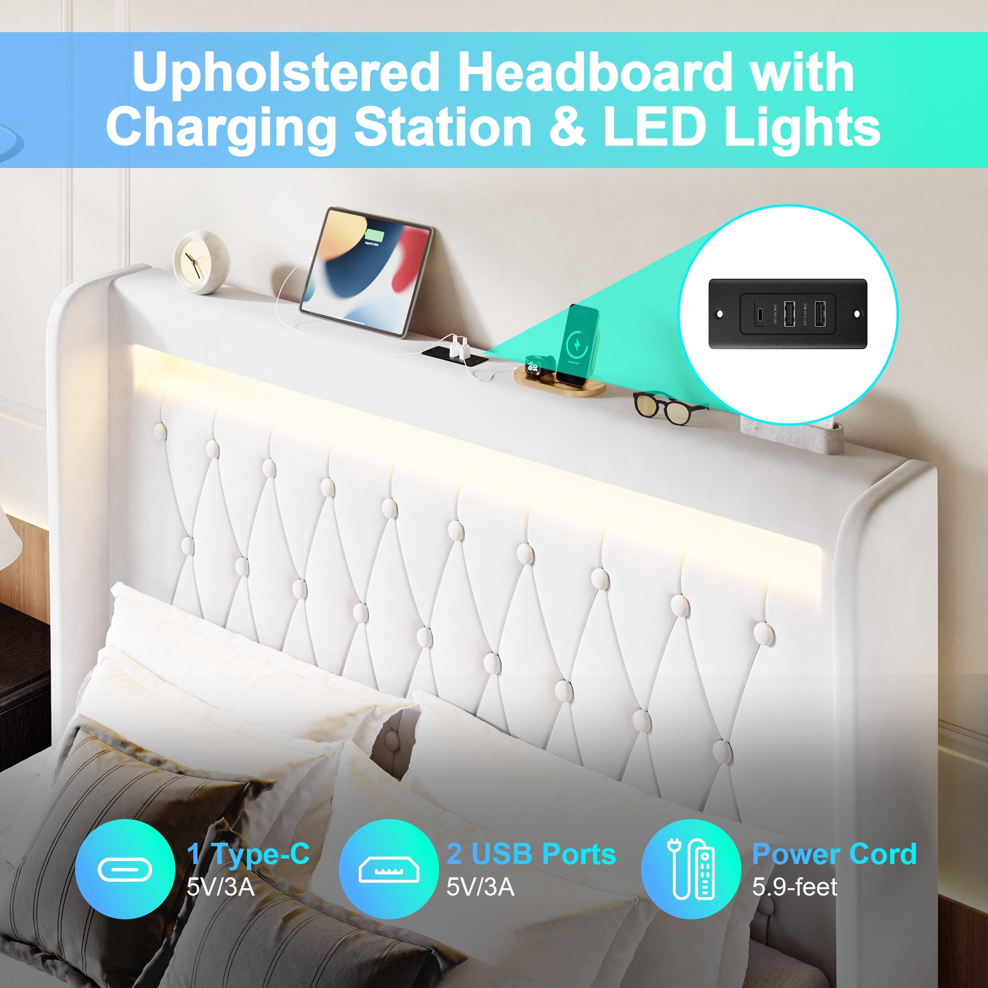 Amolife Queen Size LED Bed Frame, Upholstered Velvet Platfrom Bed with Charging Station, High Wingback Headboard & 2 Lights, No Box Spring Needed, 900 LBS Capacity, White