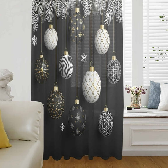 Black Christmas Semi Sheer Curtains Drapes for Living Room, Bedroom, French Doors Window 72 Inches Long, Xmas Pine Needles Balls Snowflake Rod Pocket Chiffon Curtain Drapery Voile Draperies Panel