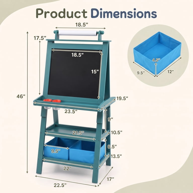 Costway 3-in-1 Double-Sided Wooden Kids Art Easel, Blue photo 3