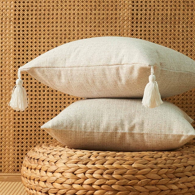 Linen Japanese Tassel Cushion Cover - 17.7" x 17.7" - Minimalist Home Decor, Soft Polyester Pillowcase, Breathable Zip Closure, Machine Washable, White, JKODE