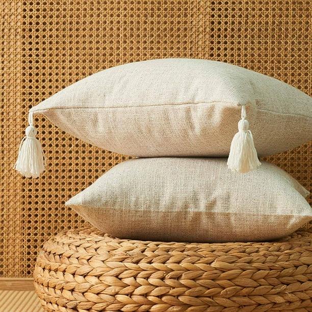 Funda de almohada de lino estilo japonés con borlas en las esquinas | Funda de cojín decorativa de 45 x 45 cm para sofá y cama | Tejido de poliéster suave con cremallera para facilitar la limpieza