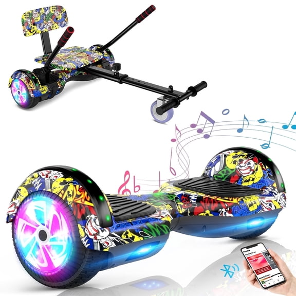 SISIGAD Hoverboard with Seat, 6.5 inch Hoverboard Go Kart Combo with Bluetooth Speaker & LED Lights for Kids Adults