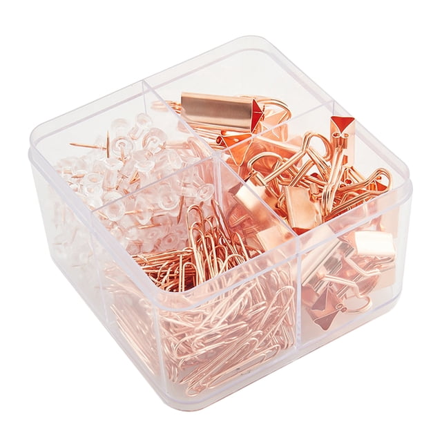 FlyFlise Boxed Rose Gold Metal Binders Paperclips Paperclips Set for school and office supplies. The set includes 6 large binders (48 x 25mm), 15 small binders (36 x 18mm), 100 paperclips (28 x 8mm), and 50 pushpins (20mm). All items are stored in a transparent, compartmentalized box for easy organization. The rose gold finish adds a stylish touch, suitable for securing documents, notes, and pinning information to bulletin boards.