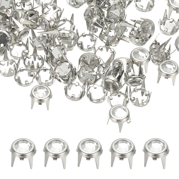 Uxcell 6mm Rhinestone Stud, 70 Sets Metal Claw Beads Nailhead Rivet Decorative Refills Rivet for Leather Crafting for Decor Repair Clothing Belts Bags Shoes, White Silver Tone