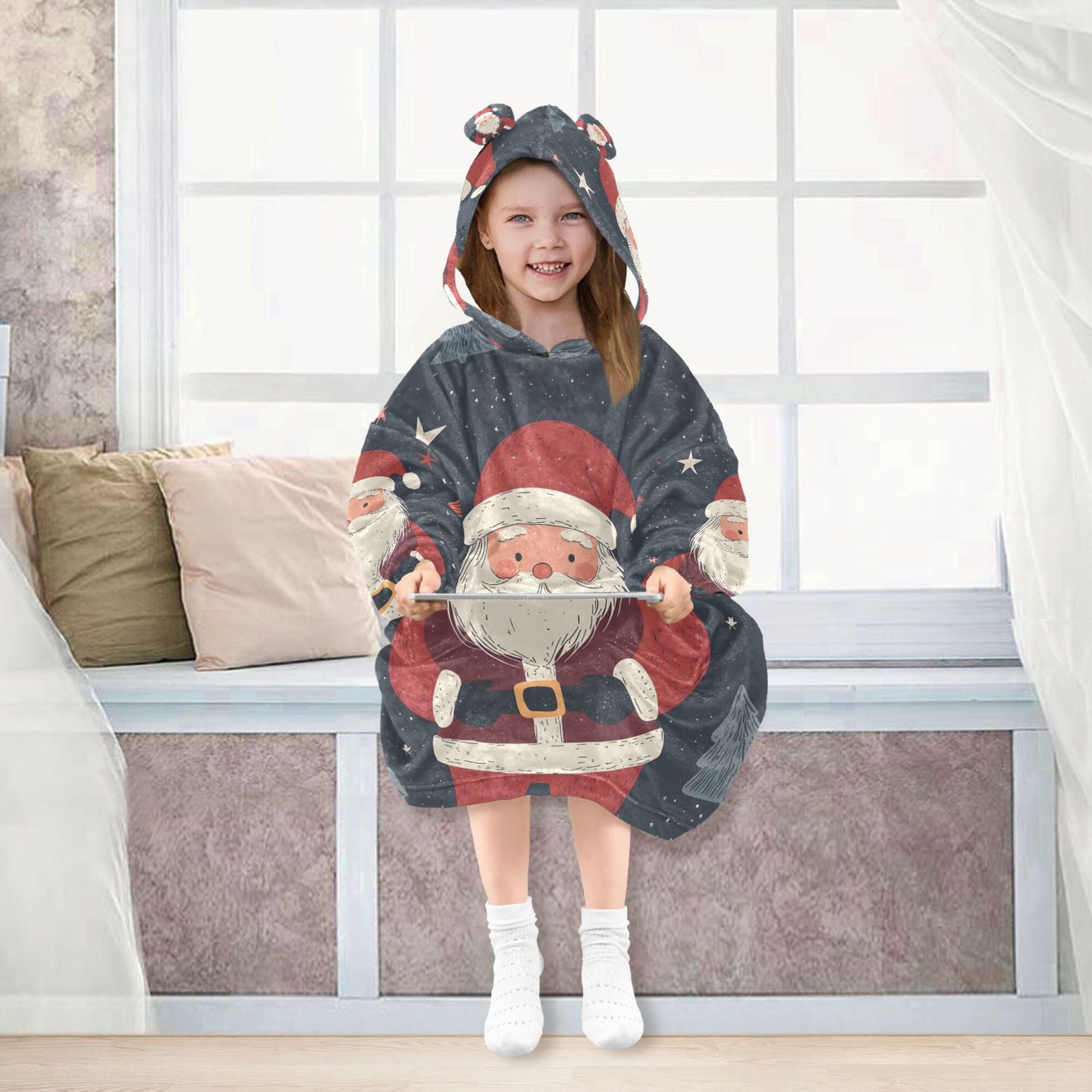 FORMRS Wearable Blanket Hoodie with Sleeves for Kids Cozy Flannel Sweatshirt, Blue Christmas Santa