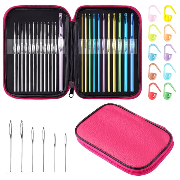 Juego de Agujas de Crochet Metálicas Multicolores Tomorotec, con Bolsa de Almacenamiento, Marcadores de Puntos y Agujas de Ojo Grande (Bolsa Rosa).