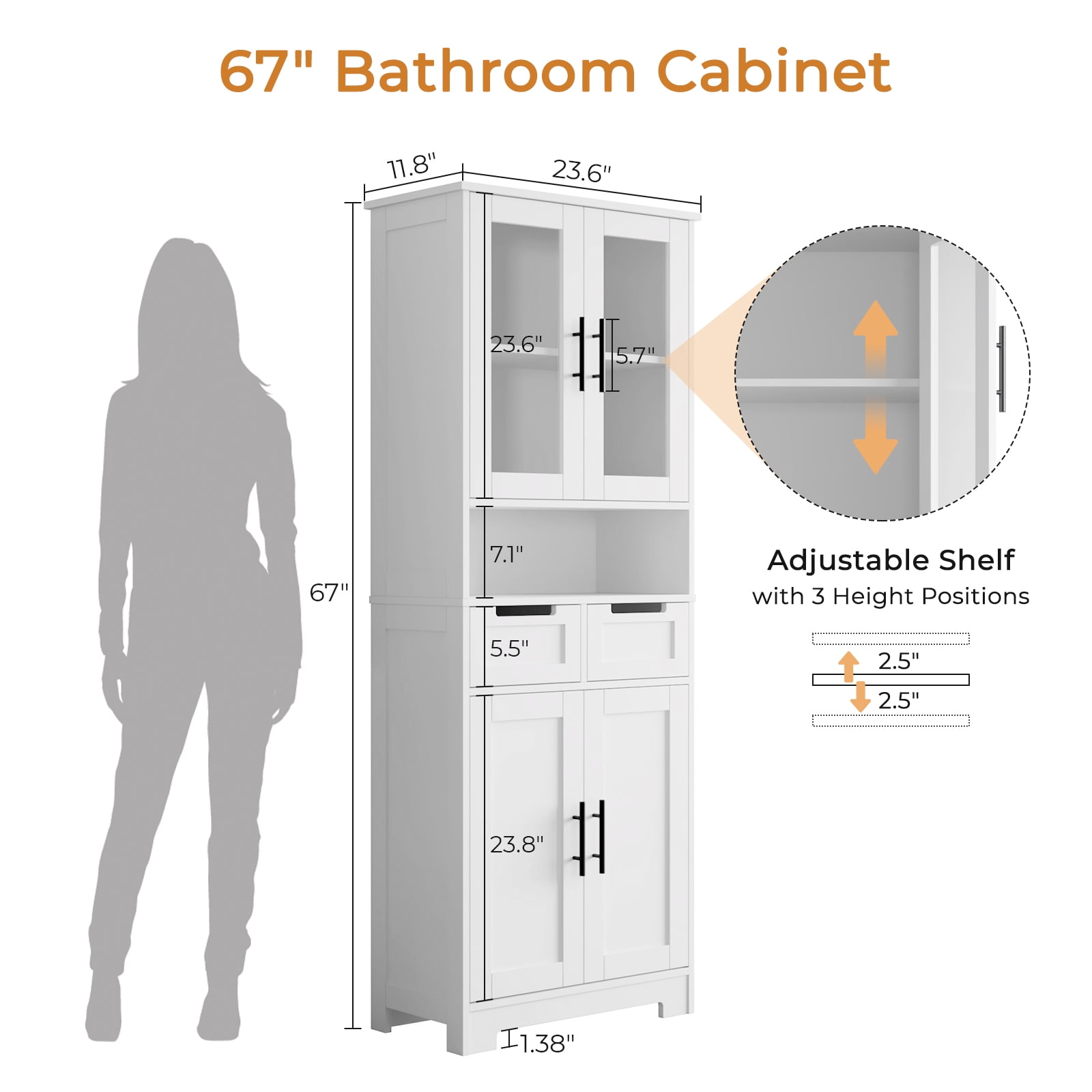 Ktaxon 67" Tall Bathroom Cabinet with 2 Drawers, Floor Storage Cabinet Wardrobes, 4 Door Wooden Cupboard Adjustable Shelf, White