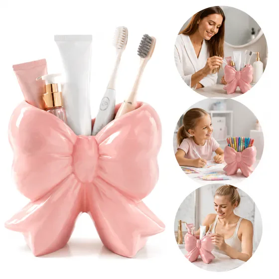 Pink Bow Ceramic Toothbrush Holder, Cute Coquette Multi‑Purpose Organizer Cup for Bathroom Vanity, Holds Toothbrushes, Makeup Brushes and Pens, Decorative Desk Vase